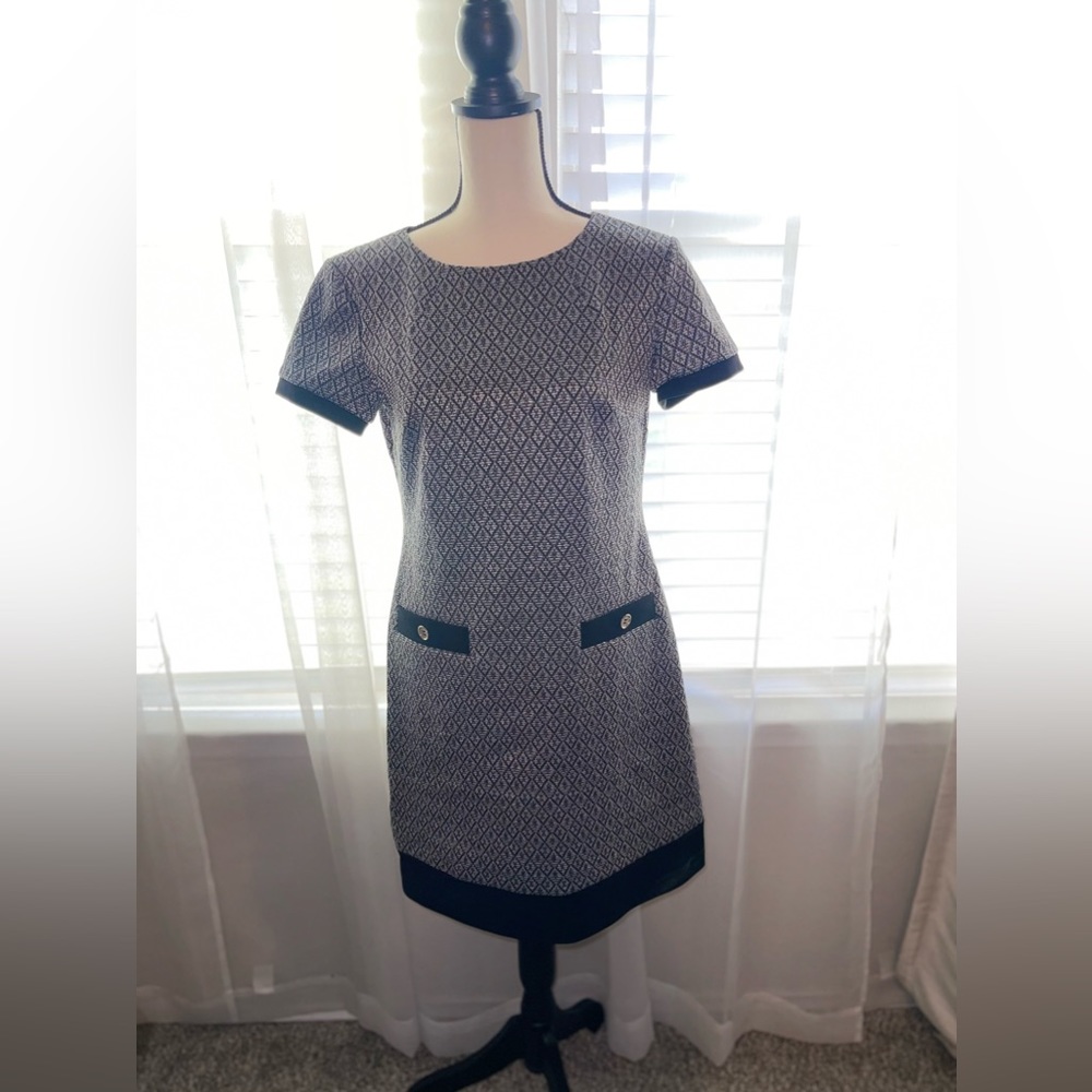 New Tommy Hilfiger Geometric Plaid Faux Pocket Black Metallic Dress Size 6